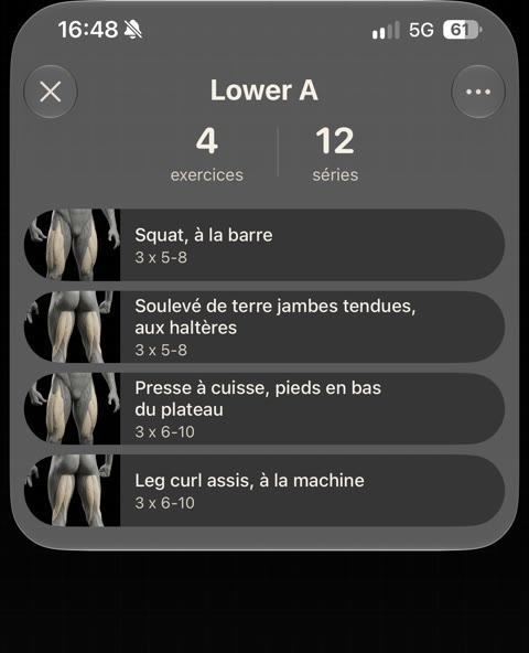 Séance Lower A : 4 exercices, 12 séries